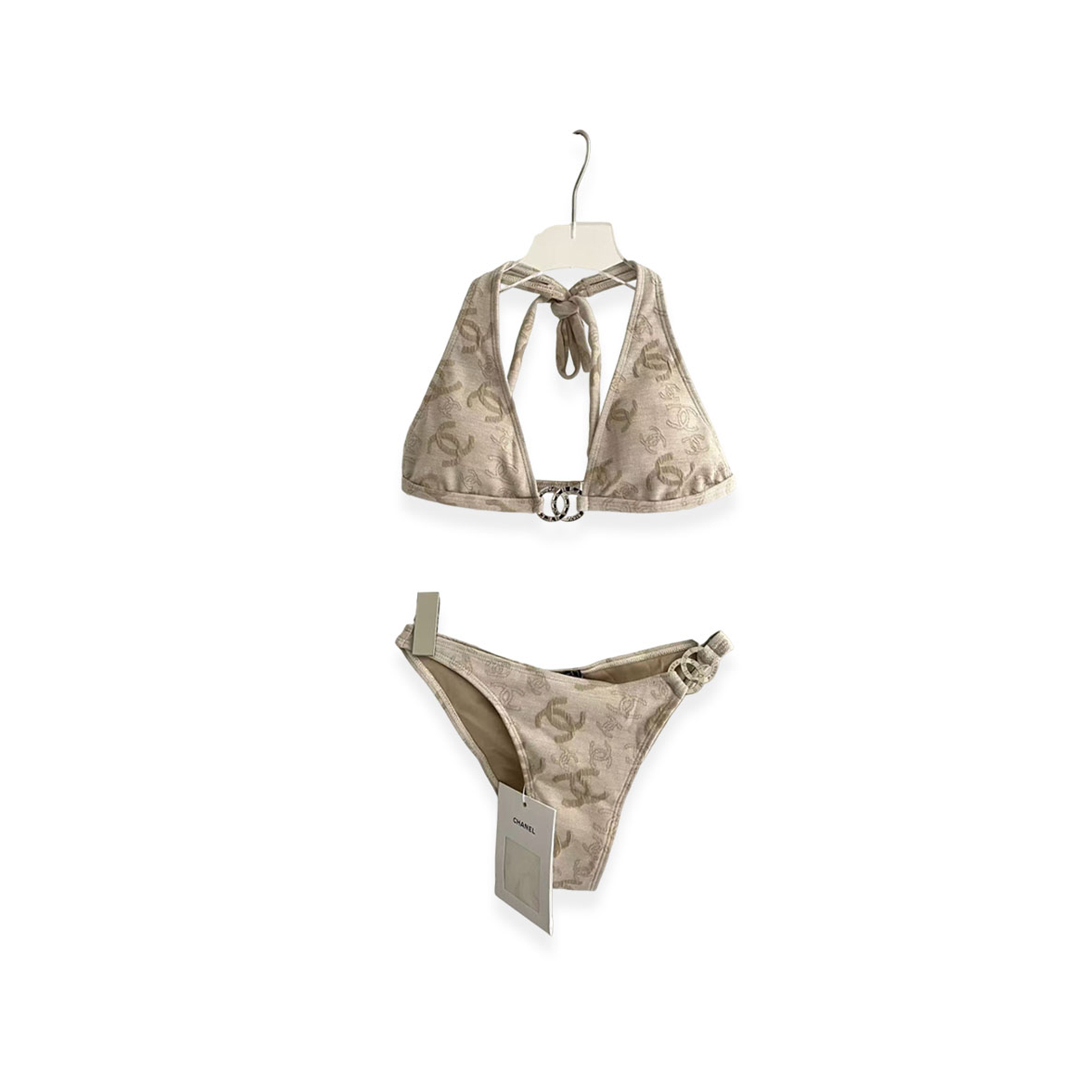 Ch**el beige logo print halter bikini set